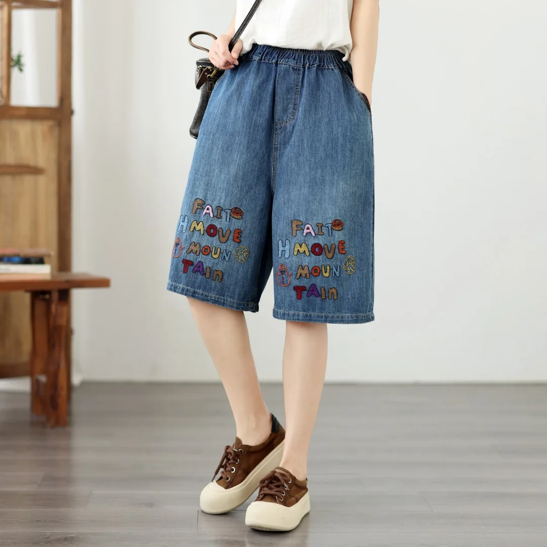 New 2026 Summer Women Half Denim Trousers, Elastic Waist Letter Embroidery, Mori Girl Age Reduction INS Wide-leg Jeans B66130CC