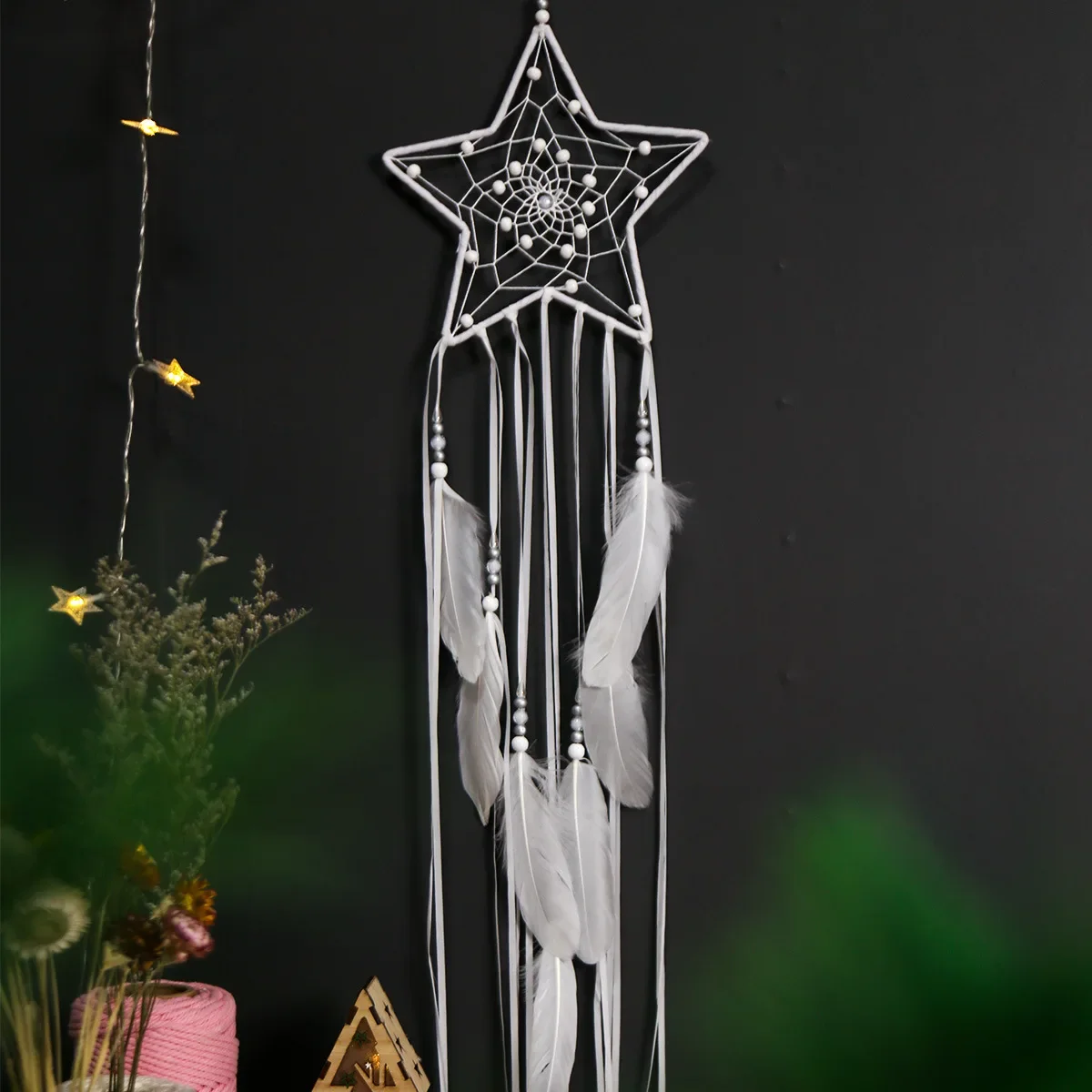 Indian Feather Dreamcatcher Moon Star Wall Hanging DIY Room Decor Handmade Aesthetic Retro Dream Catcher Wind Chime Decoration