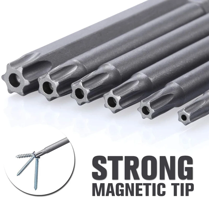 23pcs Torx Screwdriver Bit Set Hex Security Magnetic Head 50mm 100mm Extra Long Screw Driver Drill Bit 1/4in Hex Shank Tool Set
