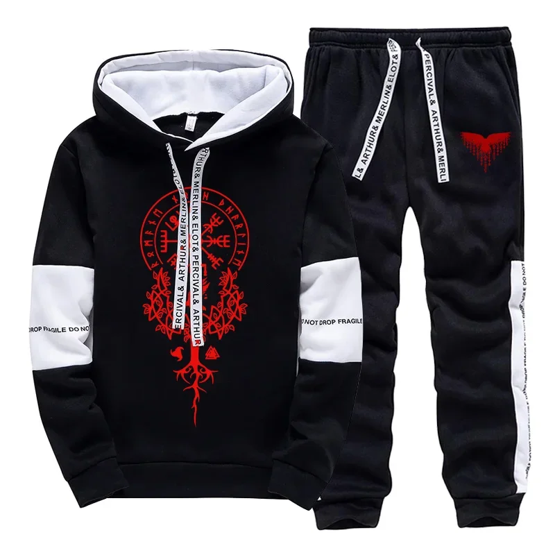 

2025 Trendy Mens Tracksuit Hooded Sweatpants Viking Raven Print Autumn Winter Casual Sportswear Jogging Outfit Clothes for Man