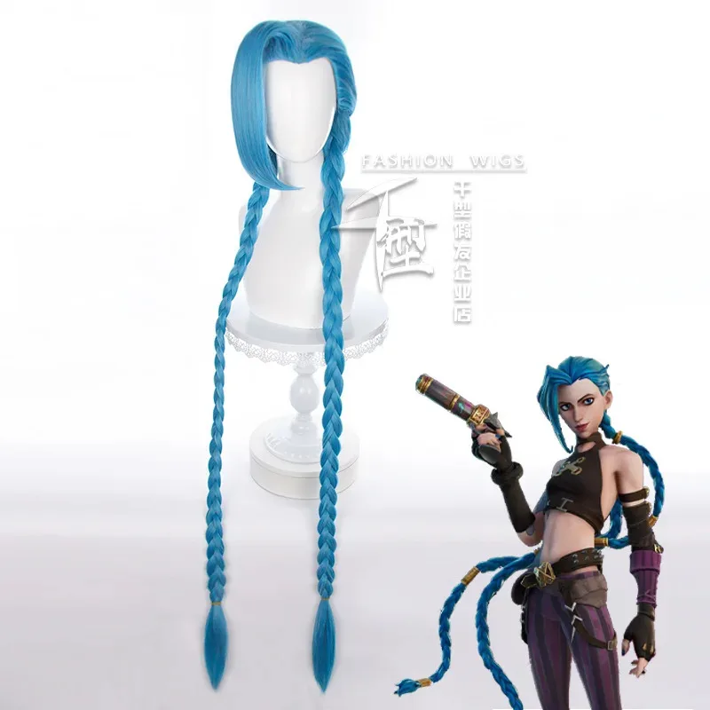 

DY20Anime LOL Jinx Cosplay Wig Headwear Tattoo Long Braided Blue The Loose Cannon Wig Heat Resistant Synthetic Hair For Hallowee