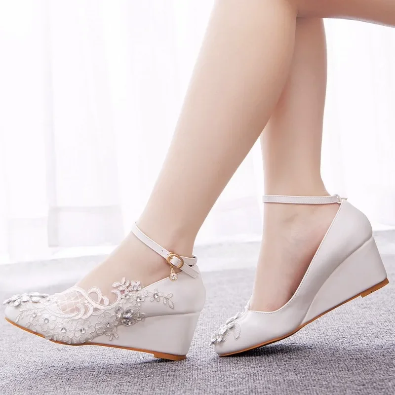 Pumps Women Shoes Round Toe Rhinestone Buckle Strap PU 5CM Wedges Heels Dress Sandals Japanese Style Women Shoes White