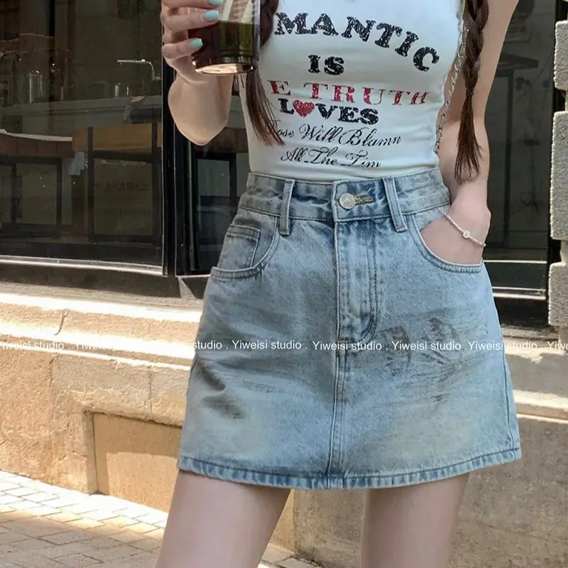 2024 new summer hot girl retro paint old painted denim skirt for women with lining