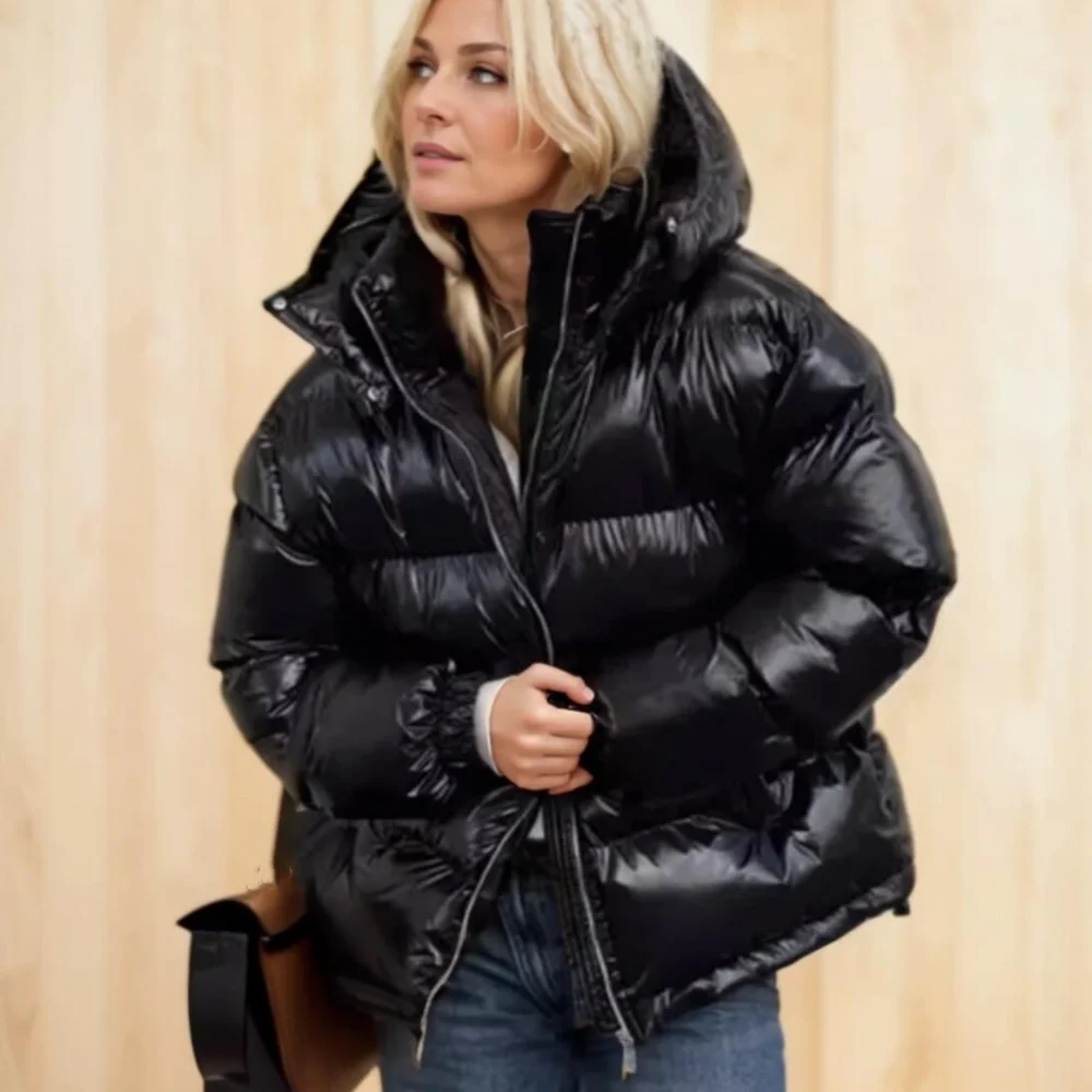 New Winter Fashion Women Bright Light Blue Zipper Up Bread Parka Coat Woman Stand Collar Removable Hooded Long Sleeve Outerwear