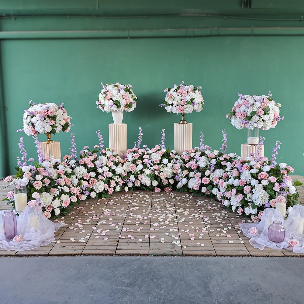 

Pink-White Silk Rose Fake Flower Floor Arrangement - Semi-Circular Decor Prop for Proposal Wedding Background Decoration HY2969
