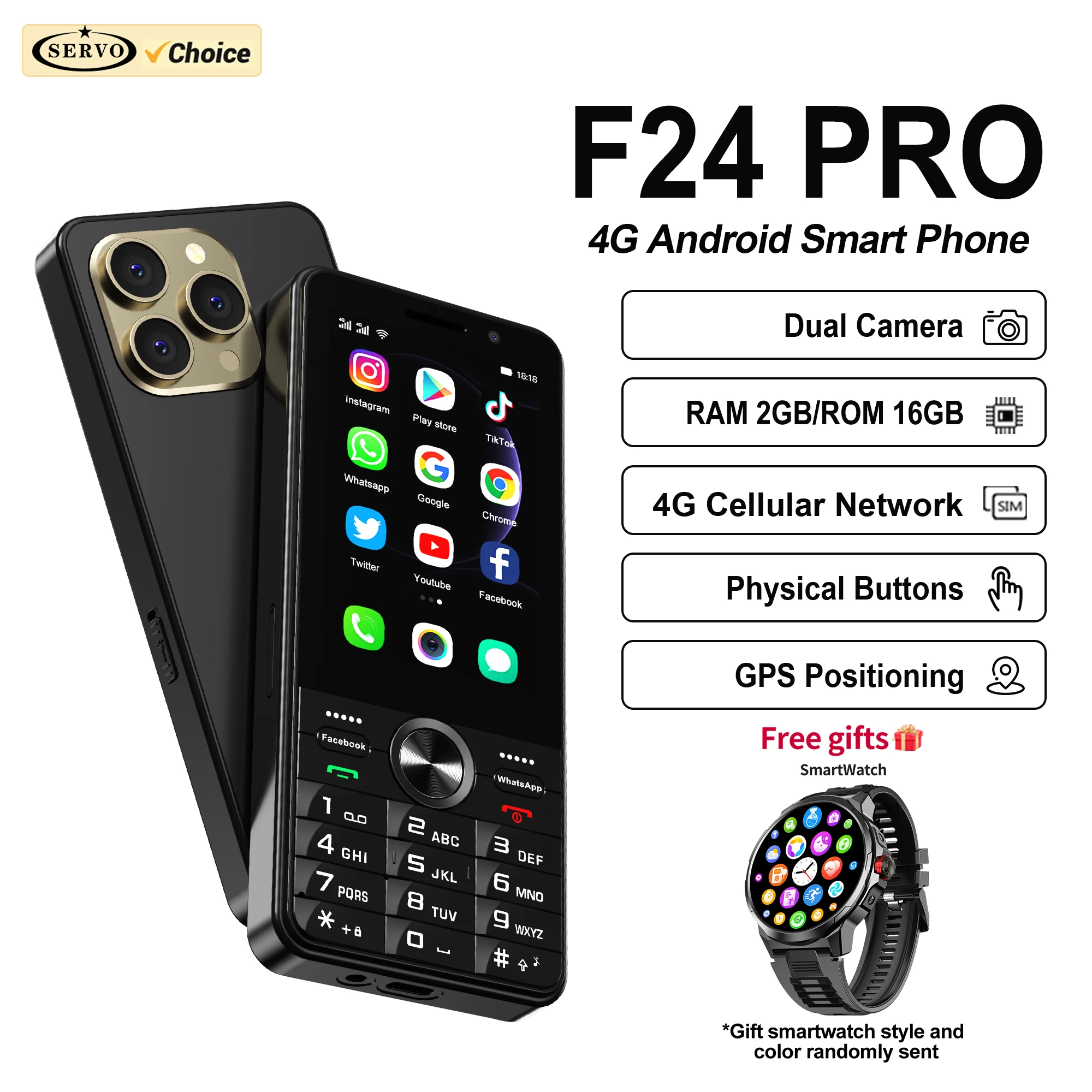 Free Smartwatch! SERVO F24 PRO Button Smart Phone Android System 4G Network 2GB+16GB Play Store Wifi 3.5