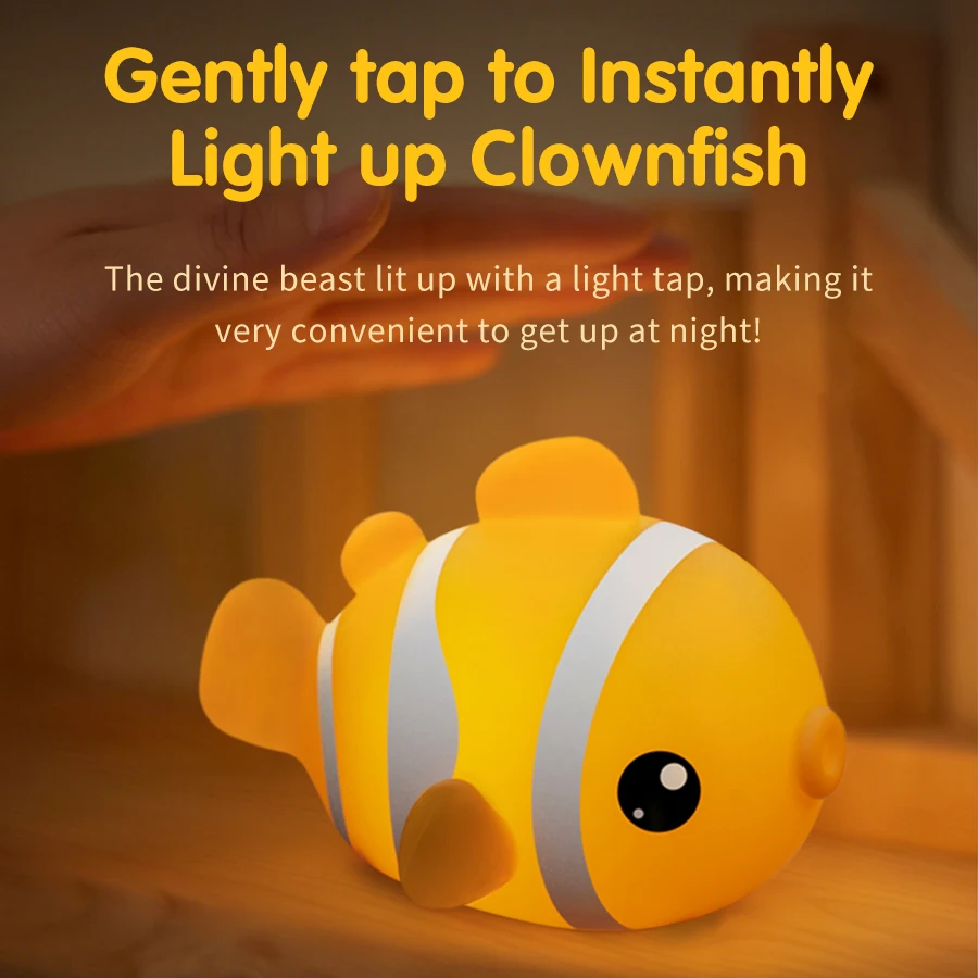 Clownfish Night Light Three-gear Dimmable Silicone Bedside Lamp for Kids Rechargeable Touch Led Nightlight for Bedroom Nursery