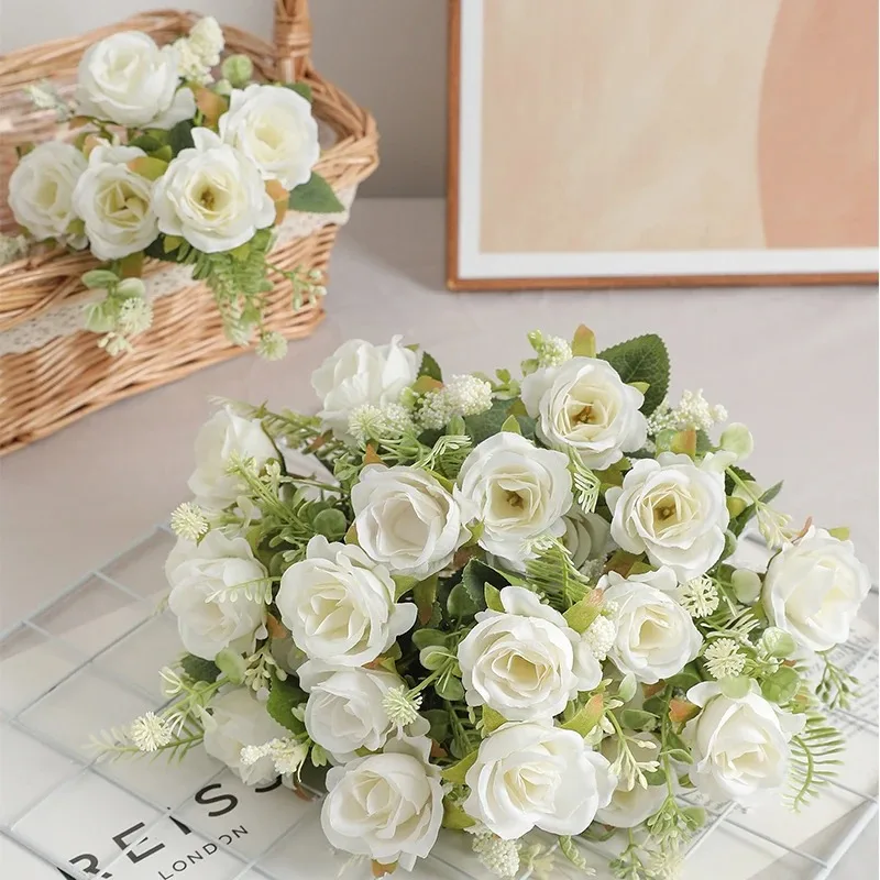 30cm Rose White Silk Bouquet Peony Artificial Flower 5 Big Head 4 Small Bud Wedding Brides Home Decoration Artificial Flower