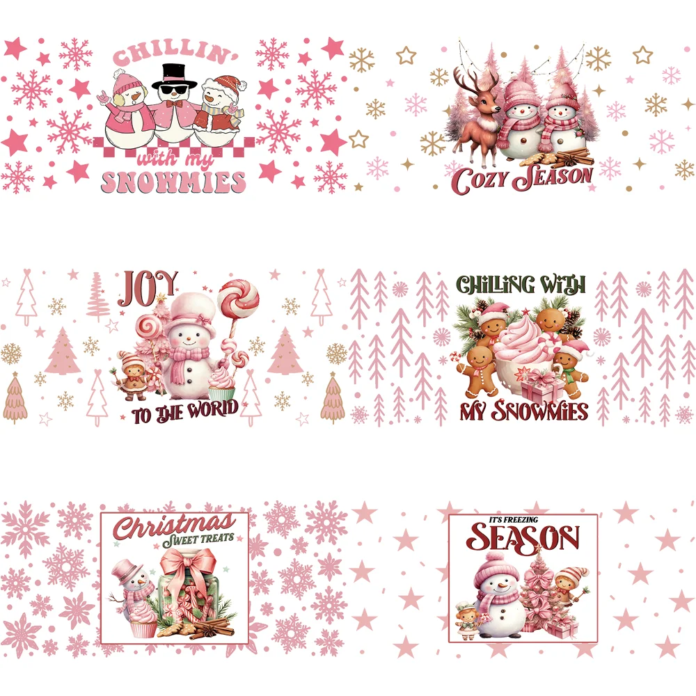 Pink Christmas Snowman UV DTF Cup Wraps 16oz Libbey Glass Can Decals Winter Xmas Tree Cold Transfer Tumbler Stickers No Cups