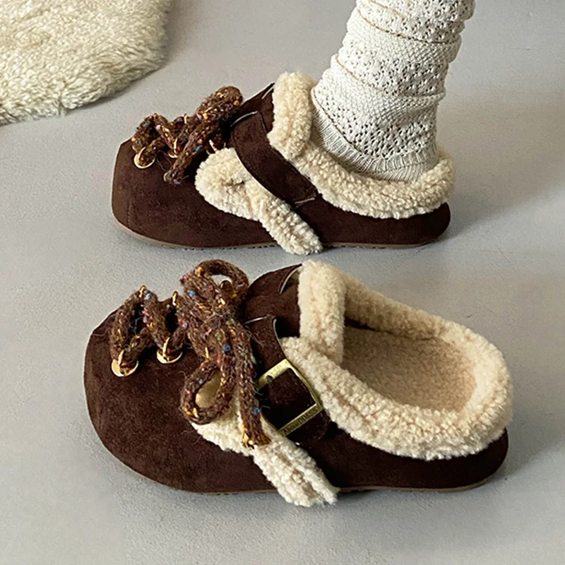 النساء النعال الفراء الشقق البغال أحذية موضة قصيرة أفخم الثلوج الأحذية 2025 الشتاء الوجه يتخبط العلامة التجارية الجديدة المنزل Mujer Zapatos #3