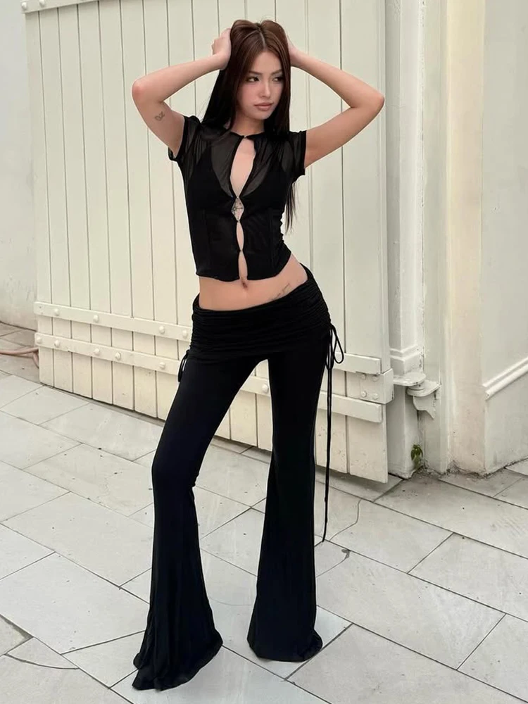 

Sisterlinda Fashion 2 Piece Set Women Chic Classic Hollow Mesh Patchwork T-Shirt+Flare Pants+Irregular Hem Skirts Street Suits