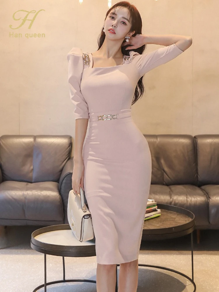 H Han Queen Womens OL 2 Pieces Suits Short Crop Top + High Waist Sheath Bodycon Pencil Skirt New Work Set Summer Female Clothing