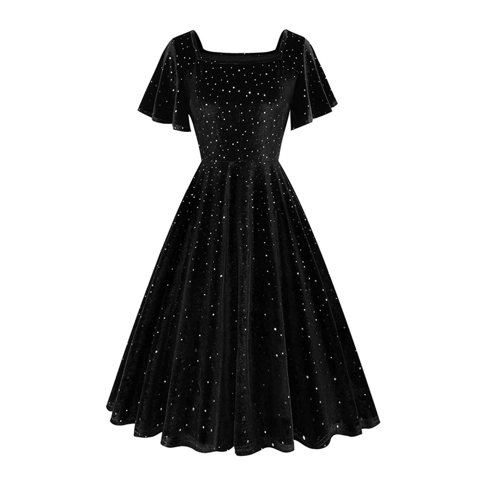 Women Elegant Retro Dress Short Sleeve Square Collar Sparkly Pleuche Dress for Party Banquet Celebration Pageant Prom Gown