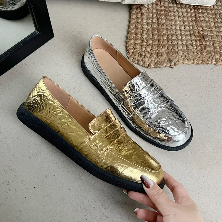 2024Spring Silver Loafers Casual Slip On Pleated Gold Leather Women Flats Comfort Footwear Walking Shoes Designer Zapatillas