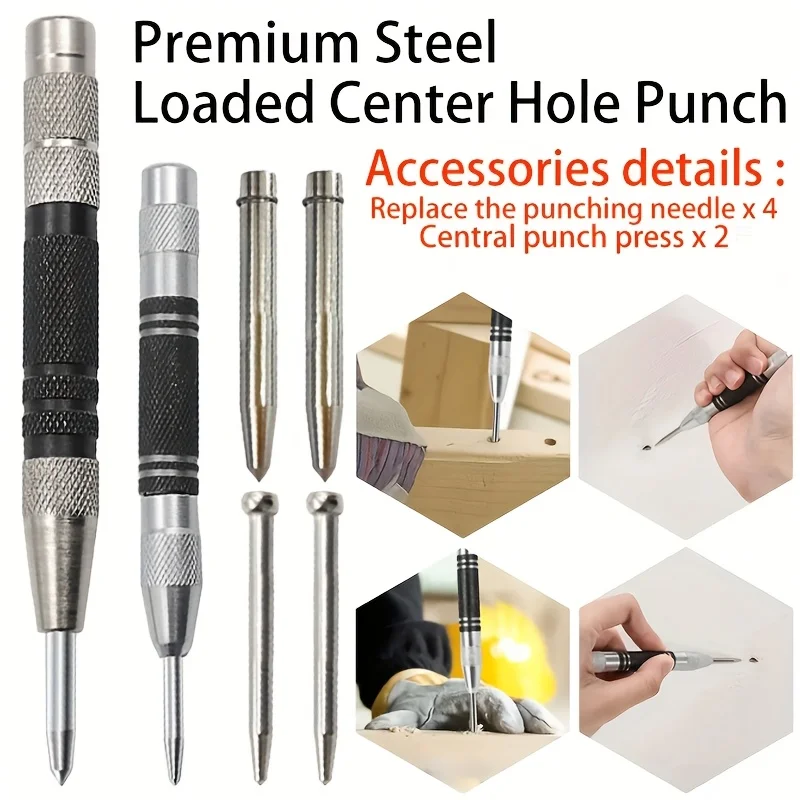 

6pcs Automatic Center Punch Set - High Hardness Positioner, Self-Centering, Window Breaker & Safety Escape Tool