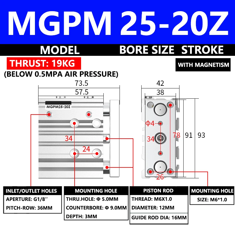 

Пневматический компактный направляющий цилиндр серии ABILKEEN MGPM MGPM25-20Z, диаметр 25 мм, ход X 20 мм, тонкий треххосевой трехштоковый воздушный цилиндр