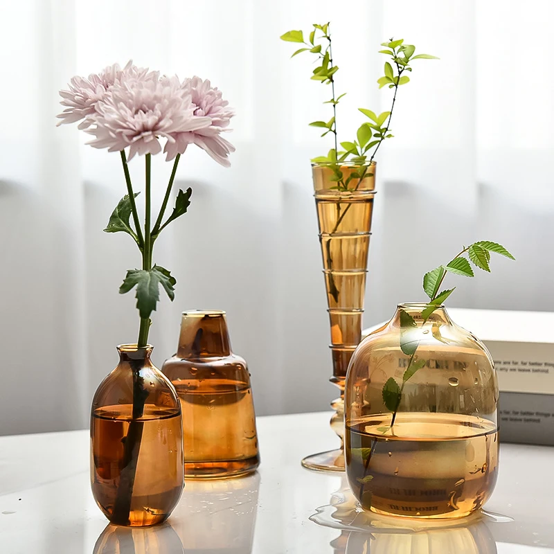 Brown Color Glass Vase Multiple Styles Hydroponic Transparent Flower Pot Desktop Ornaments DIY Flower Arrangement Art Home Decor