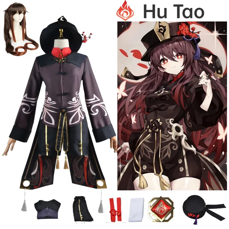 

Game Impact Hutao Cosplay Costume Hu Tao Cosplay Wig with Hat Original Rings Double Ponytail Full Set