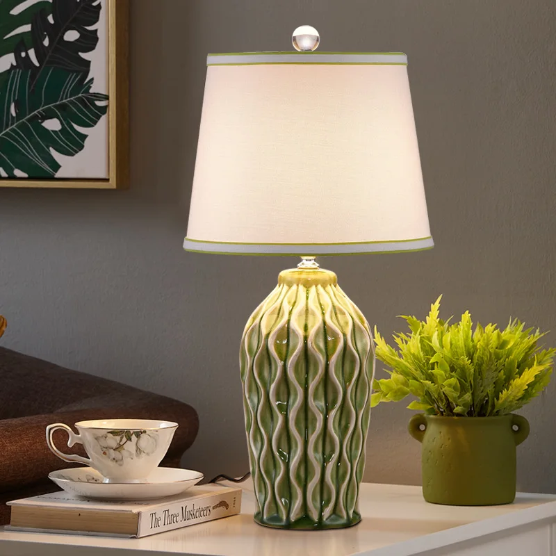 Nordic Minimalist Classical Ceramic Floor Lamp Bedroom Living Room Study Fabric Lampshade Creative Spiral Pattern LED Desk Light