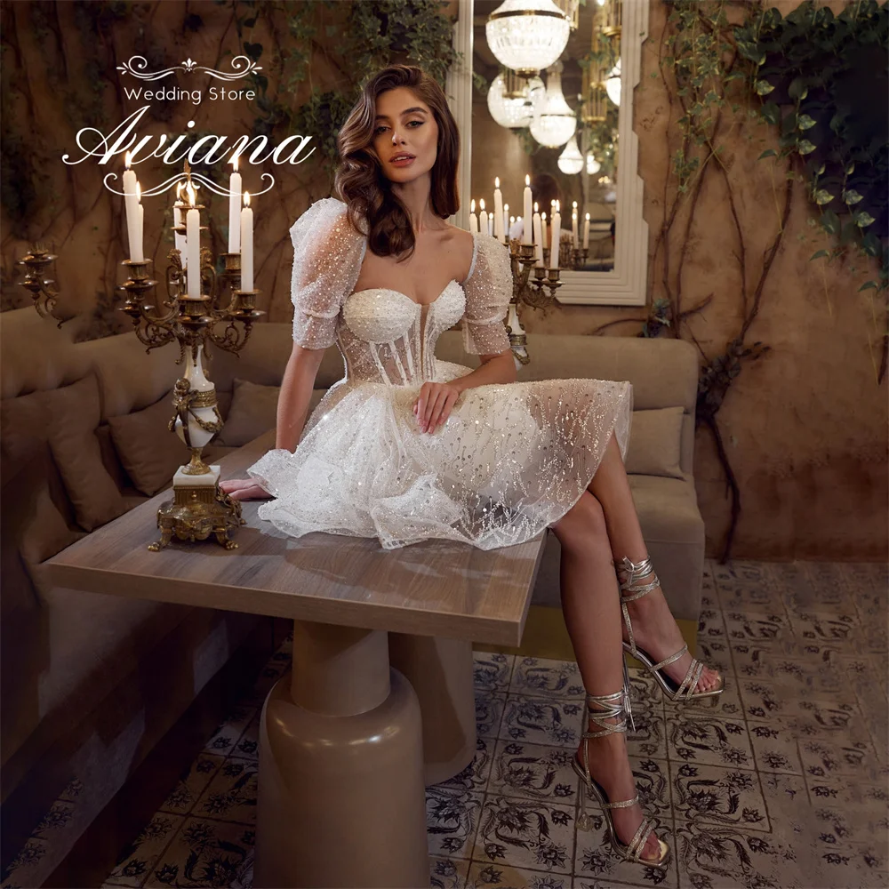 Aviana Customized A-Line Short Wedding Dress Lace Sweetheart Sequin Beading Pearls Knee Length Princess Half Sleeve Sparking