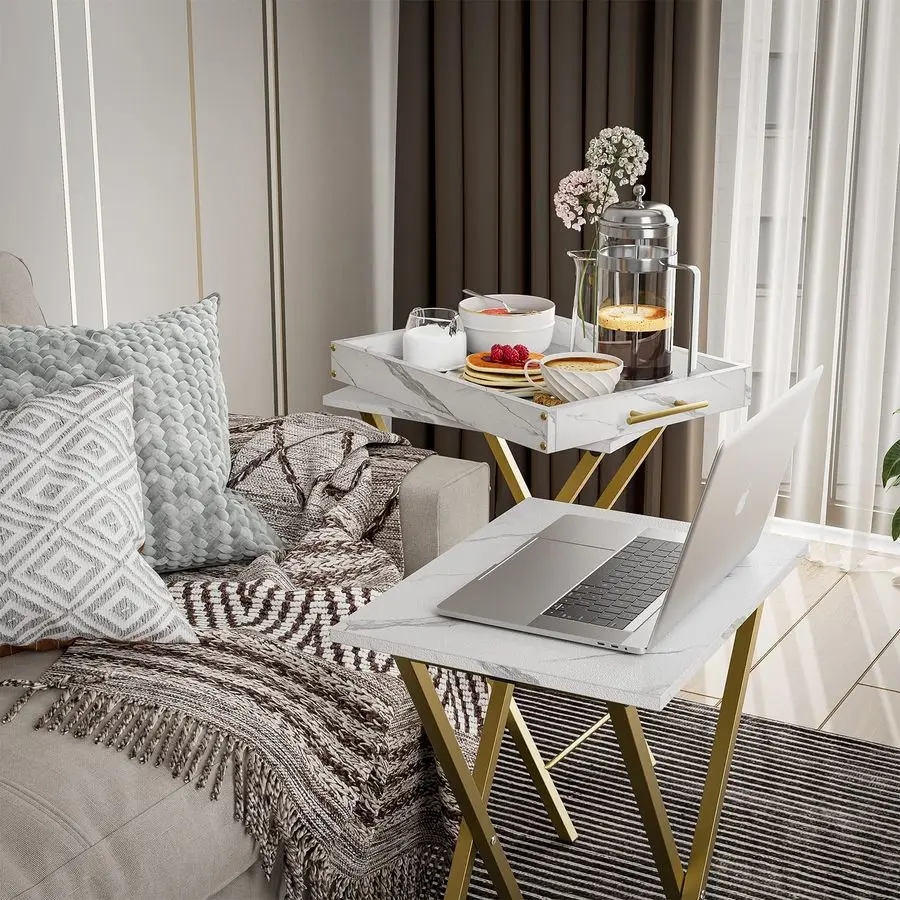 طاولات صينية التلفزيون، مجموعة من طاولتين جانبيتين للمكان الصغير، طاولات تناول الوجبات الخفيفة في الأريكة، طاولات قابلة للطي مع صينية تقديم قابلة للإزالة، P #2