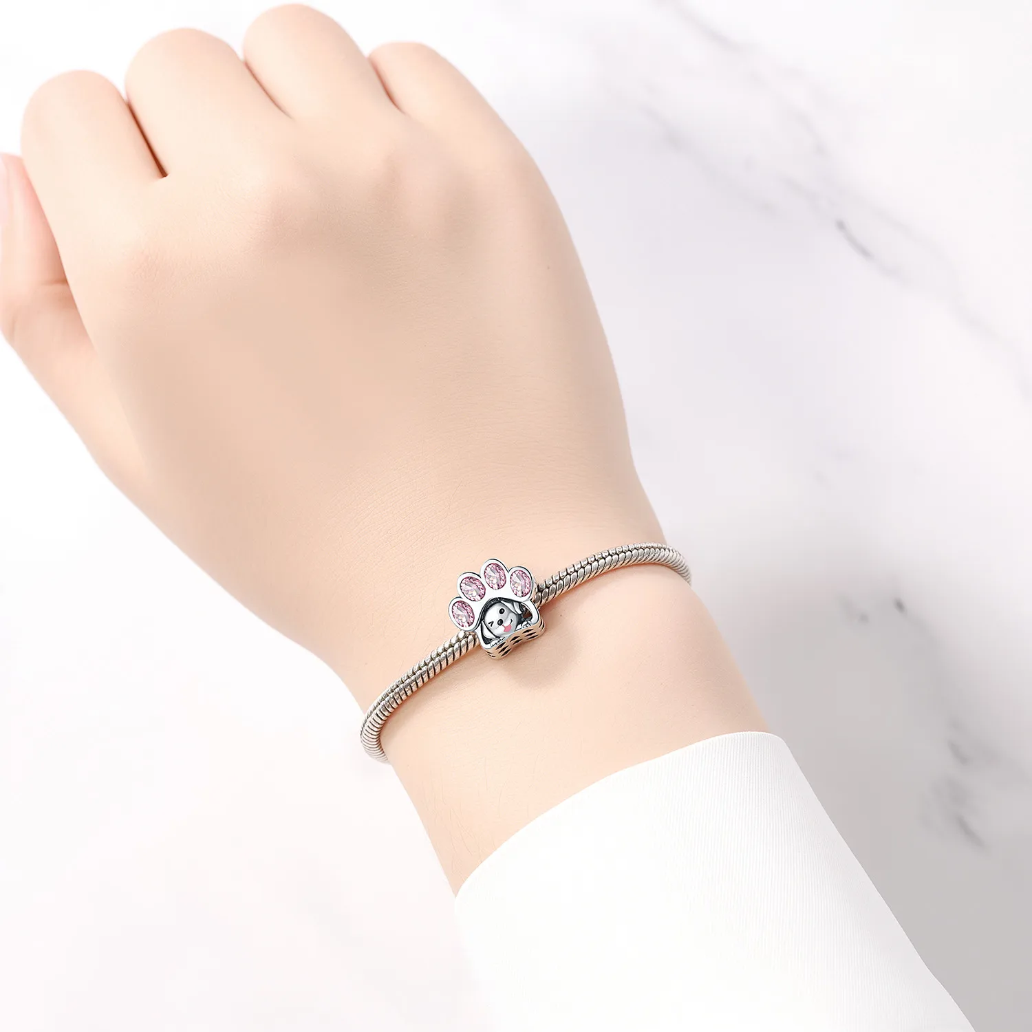 CYCUFF 925 Sterling Silver Cute Puppy Hollow Claw Print Pendants Bracelet Charms Fit Necklace Jewelry Party Beads DIY Fine Gifts