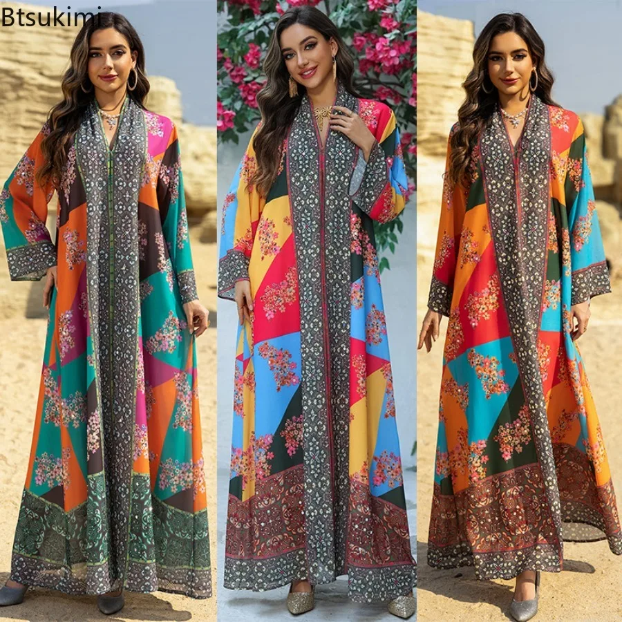 

Eid Women Abaya Elegant Party Dressed Muslim Print Diamond Dubai Turkey Robe Vestidos Largos Ramadan Morocco Caftan Prayer Gown