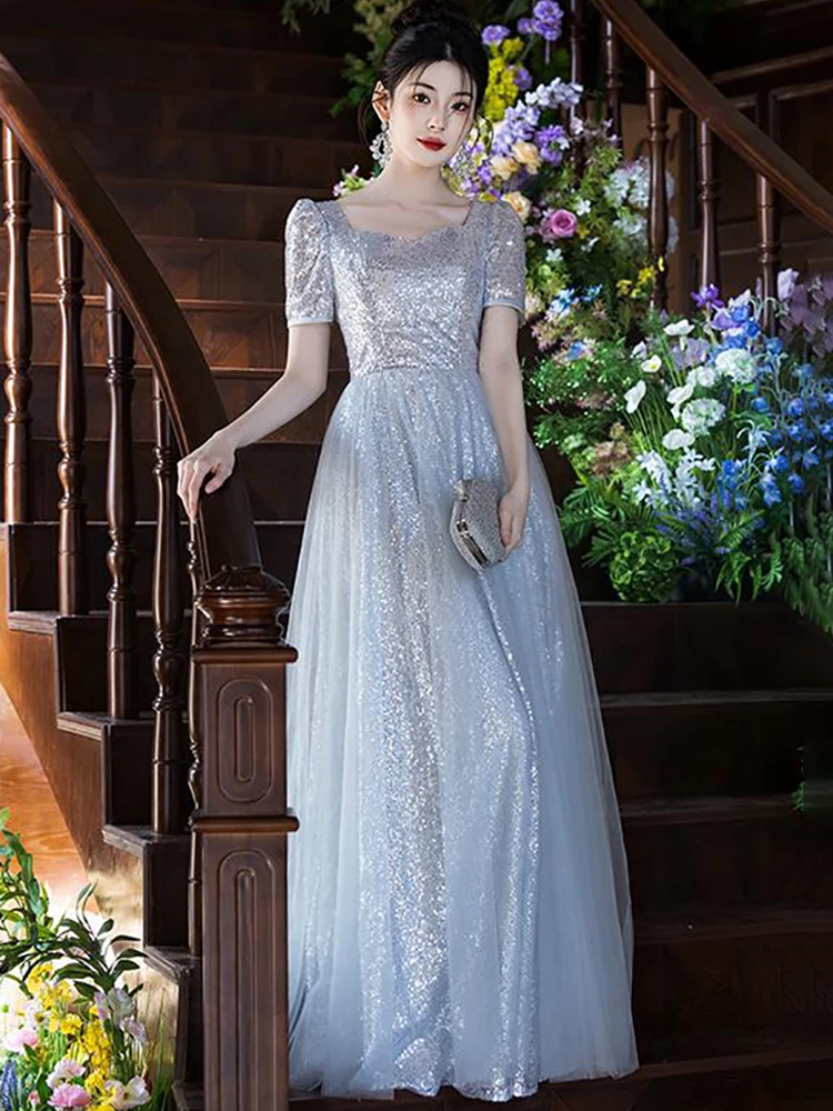 

Серебристо-серое вечернее платье с блестками для женщин, легкие роскошные вечерние платья с квадратным вырезом, элегантные тюлевые платья для выпускного вечера с короткими рукавами