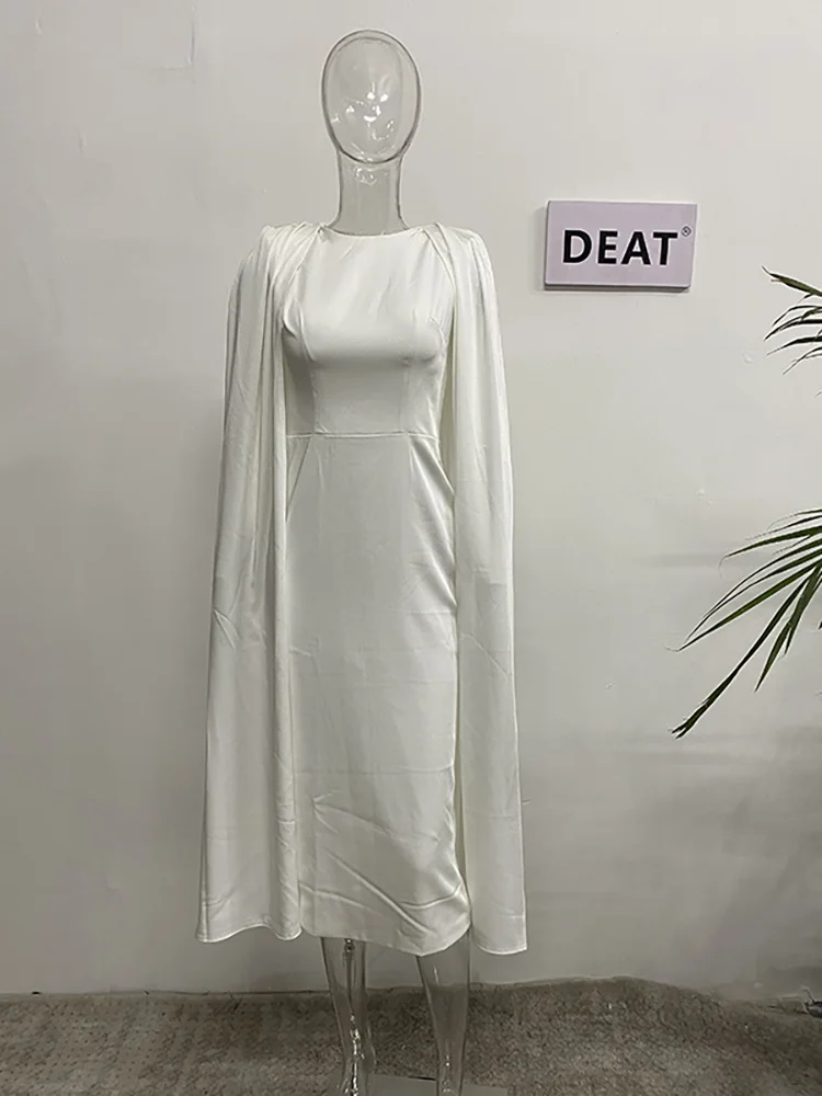 DEAT 2024 Autumn New Sleeveless Shawl Slim Solid Color Women\'s Dress Fashion O-neck Zipper Waist Elegant Dresses Female 13DB862