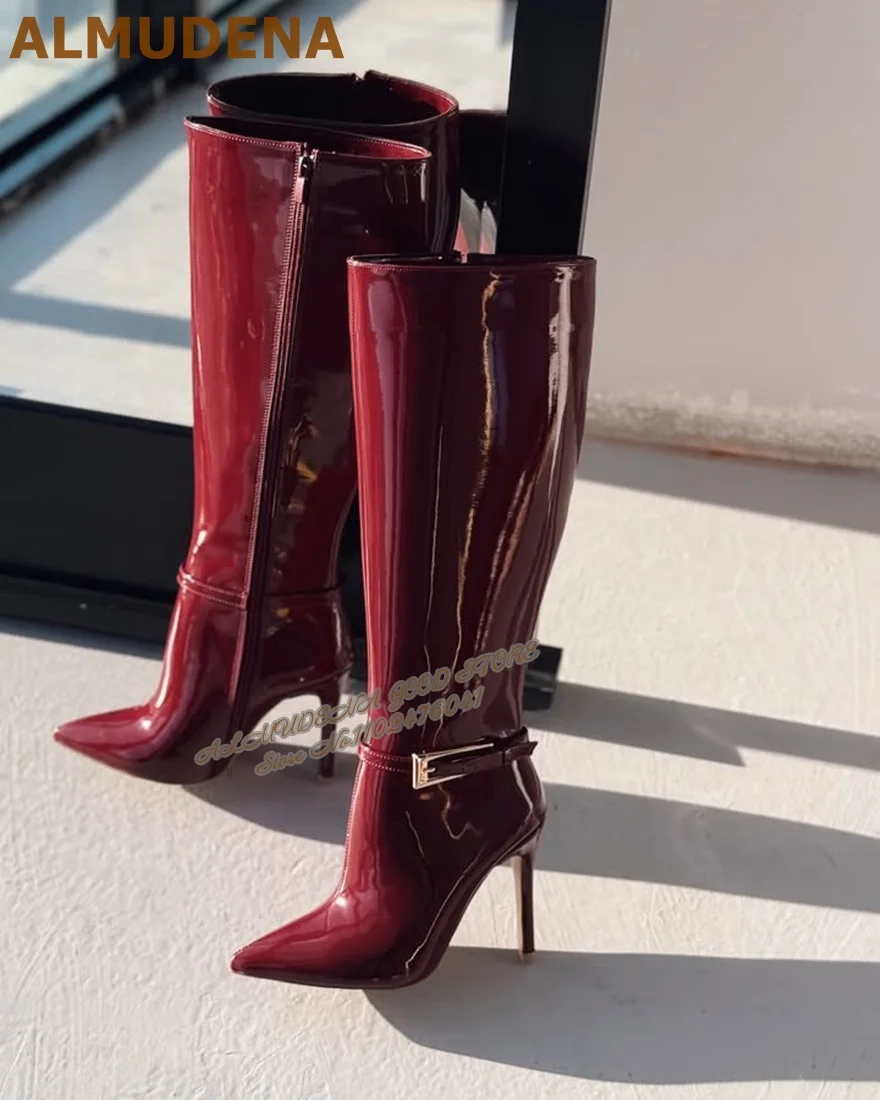 ALMUDENA Wine Red Belt Buckle Knee High Boots Burgundy Mirror Leather Stiletto Heels Pointed Toe Tall Boots Zipped Dress Shoes