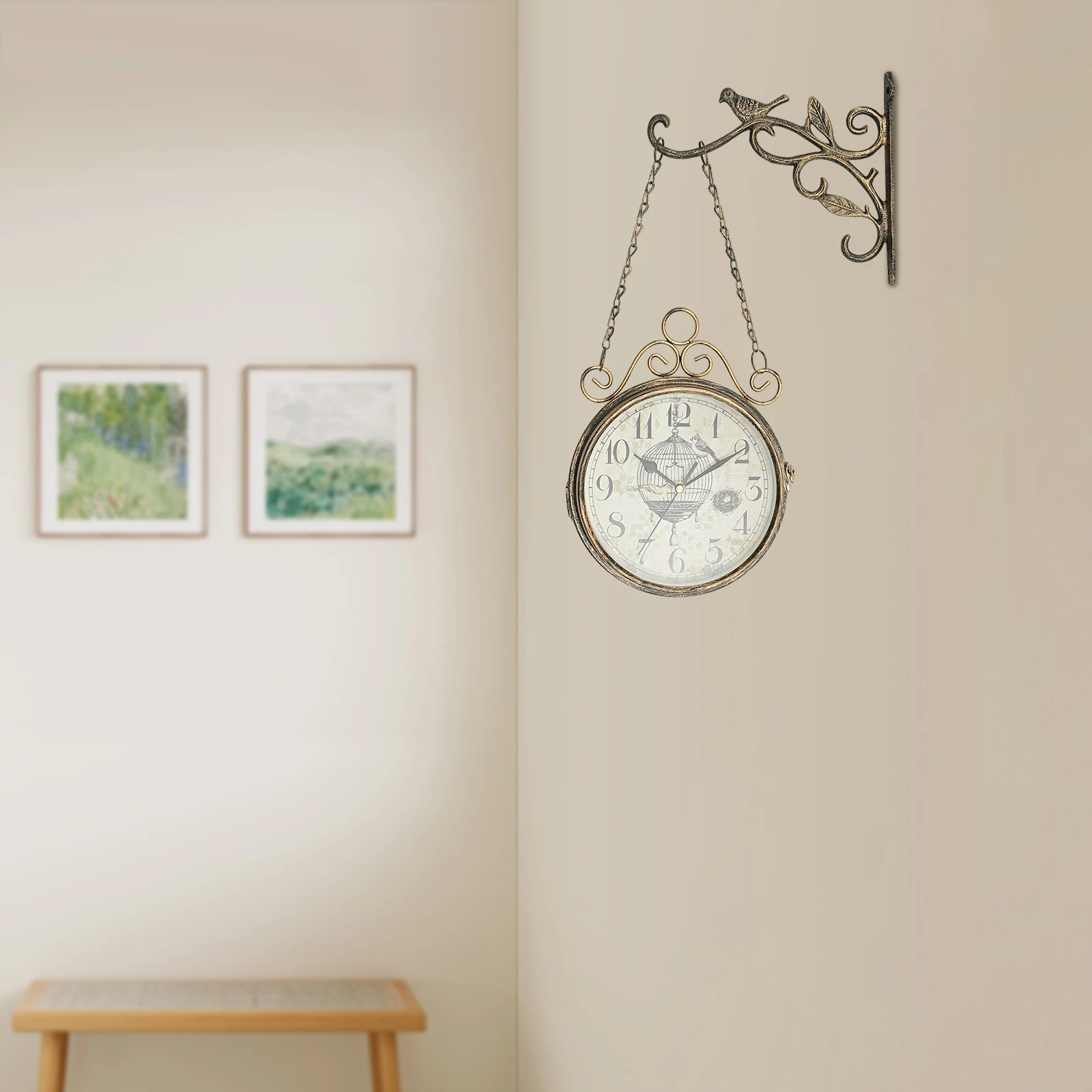 ساعة حائط مستديرة برونزية على الوجهين، ساعة حائط حديدية عتيقة ديكور 45*32 سم لغرف المعيشة وغرف النوم #2