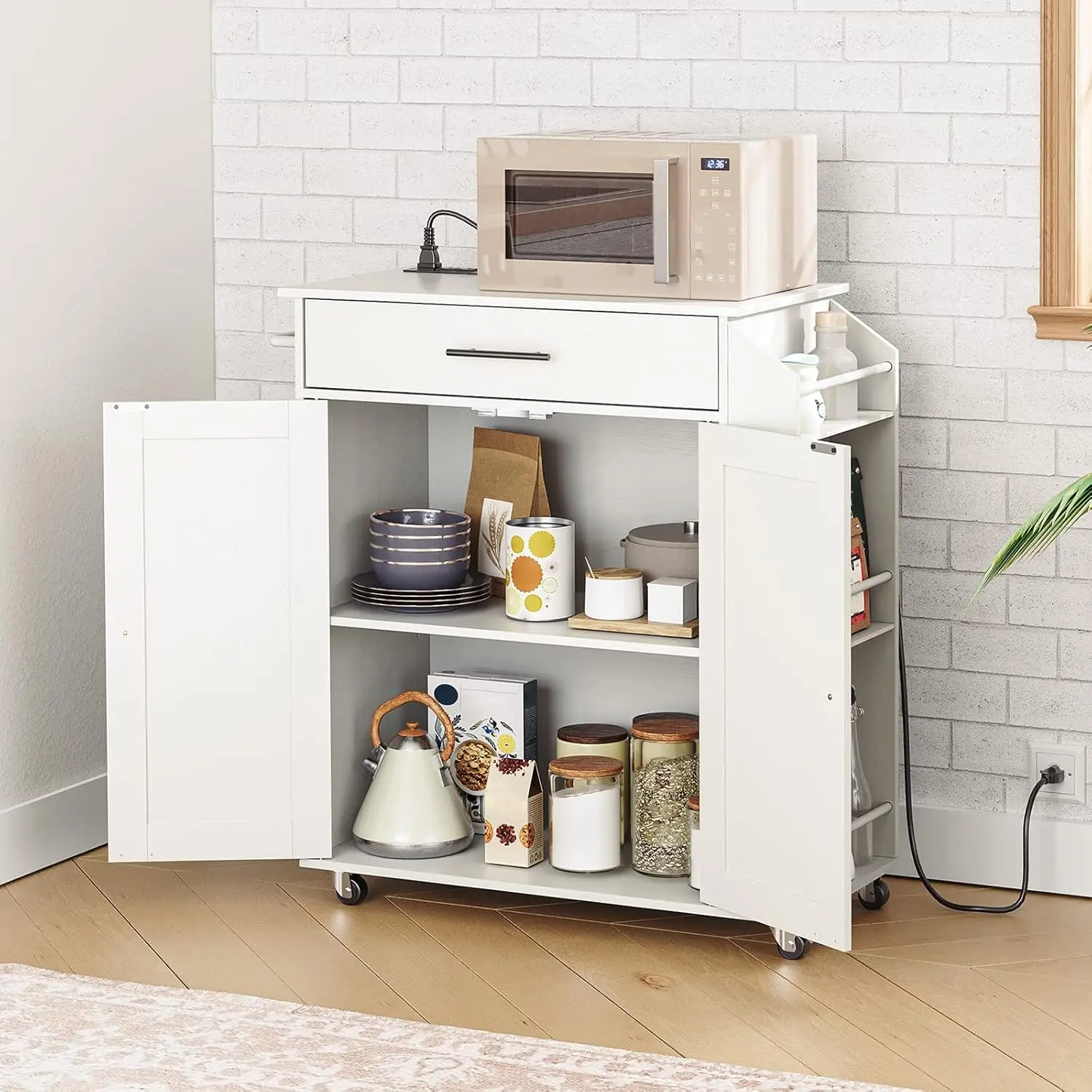 جزيرة المطبخ مع مخرج طاقة، جزيرة تخزين المطبخ مع رف توابل ودرج، عربة مطبخ دوارة على عجلات #3