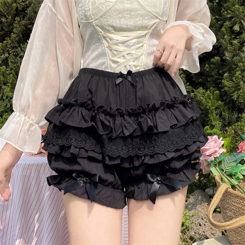 Summer Sweet Lolita Pumpkin Shorts Women Lace Ruffle Bow Safety Short Pants Cute Cake Skirt Knickers Japanese Kawaii JK Bloomers