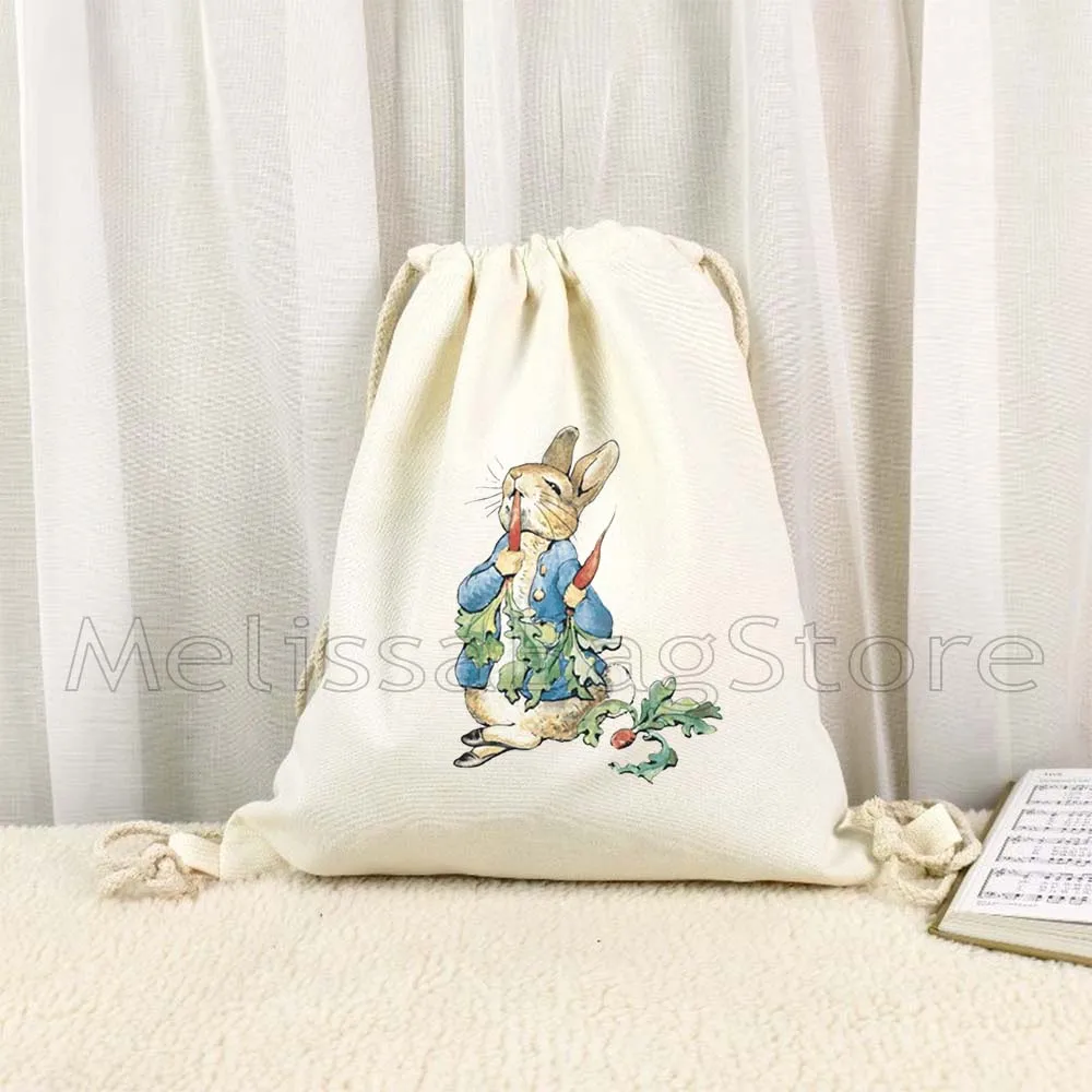 

Cute Kawaii Beatrix Potter Cartoon Peter Rabbit Anime Duck Carrots Animal Manga Cotton Canvas Drawstring Bags Soccer Backpack