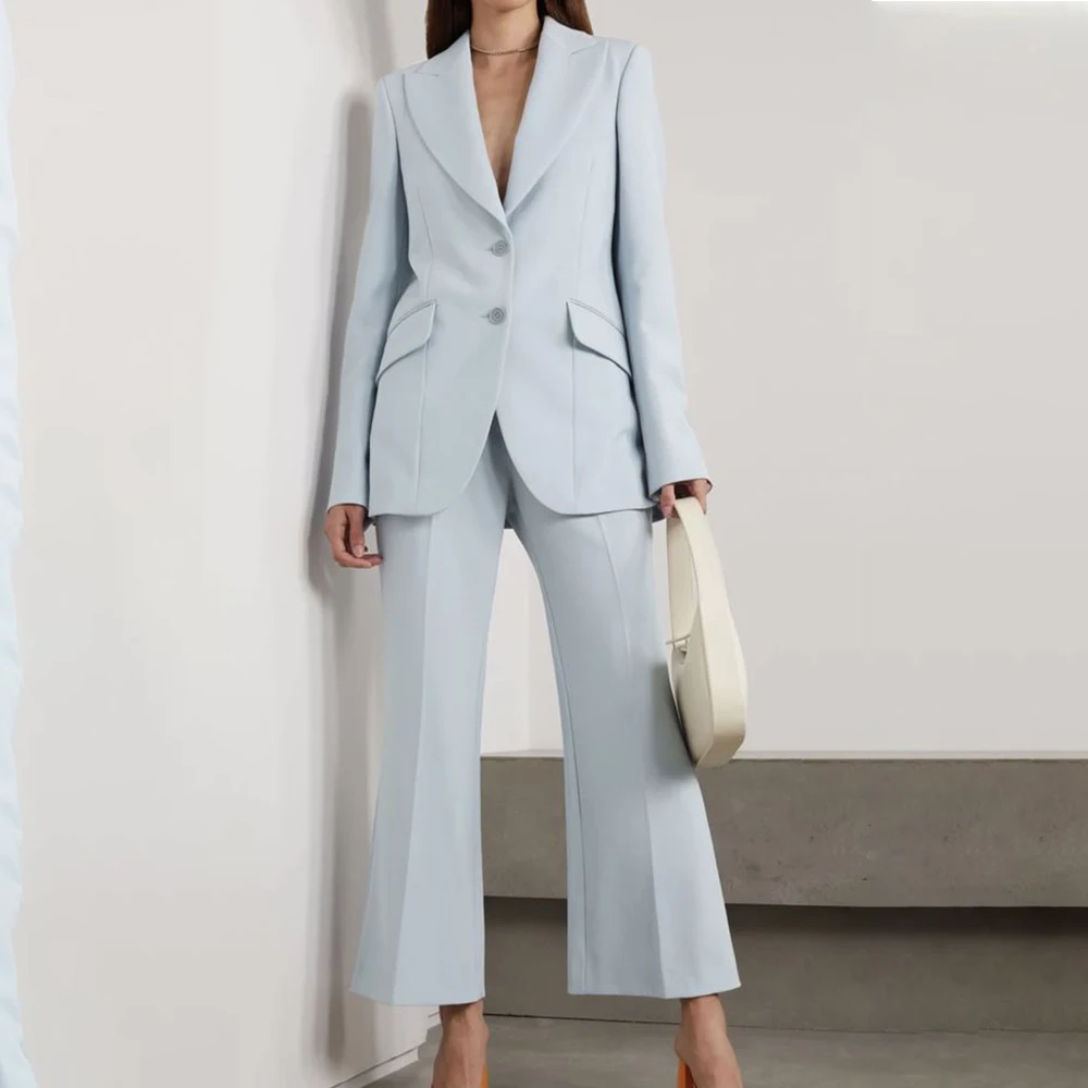 Summer Light Blue Women Suits Two Piece Elegant Peak Lapel Single Breasted Outfits Daily Casual Pants Sets (Jacket+Pants)