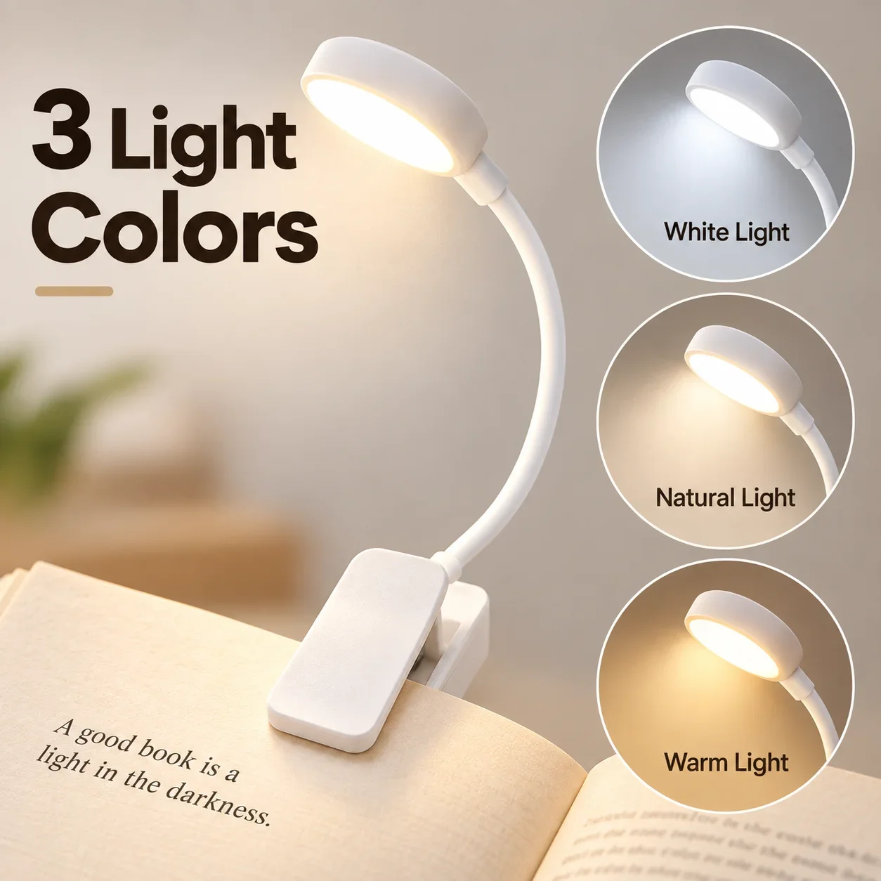 LED Clip On Book Light Portable Reading Light Battery Powered 3 Color Eye Protection Stepless Dimmable Mini Desk Lamp