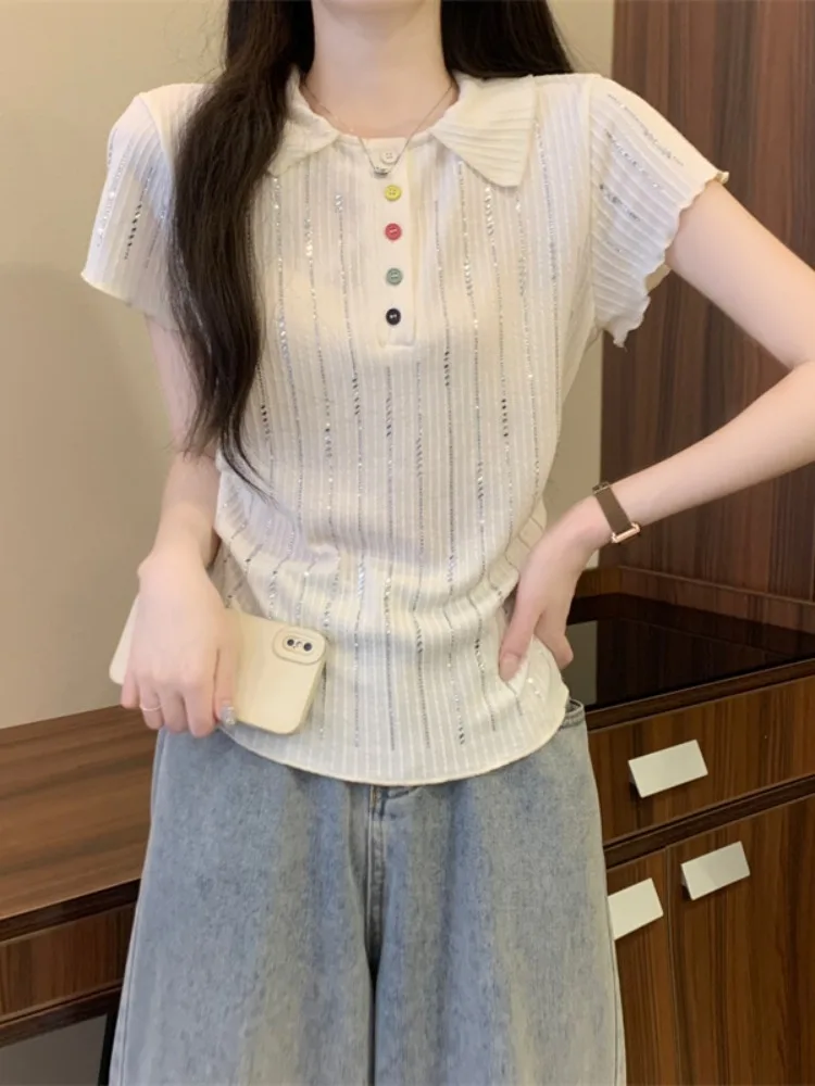 2025 Summer New Polo Neck Short Sleeve Knitted T-shirt Women's Wrinkle Design Slimming and Waist Cinching Unique Top