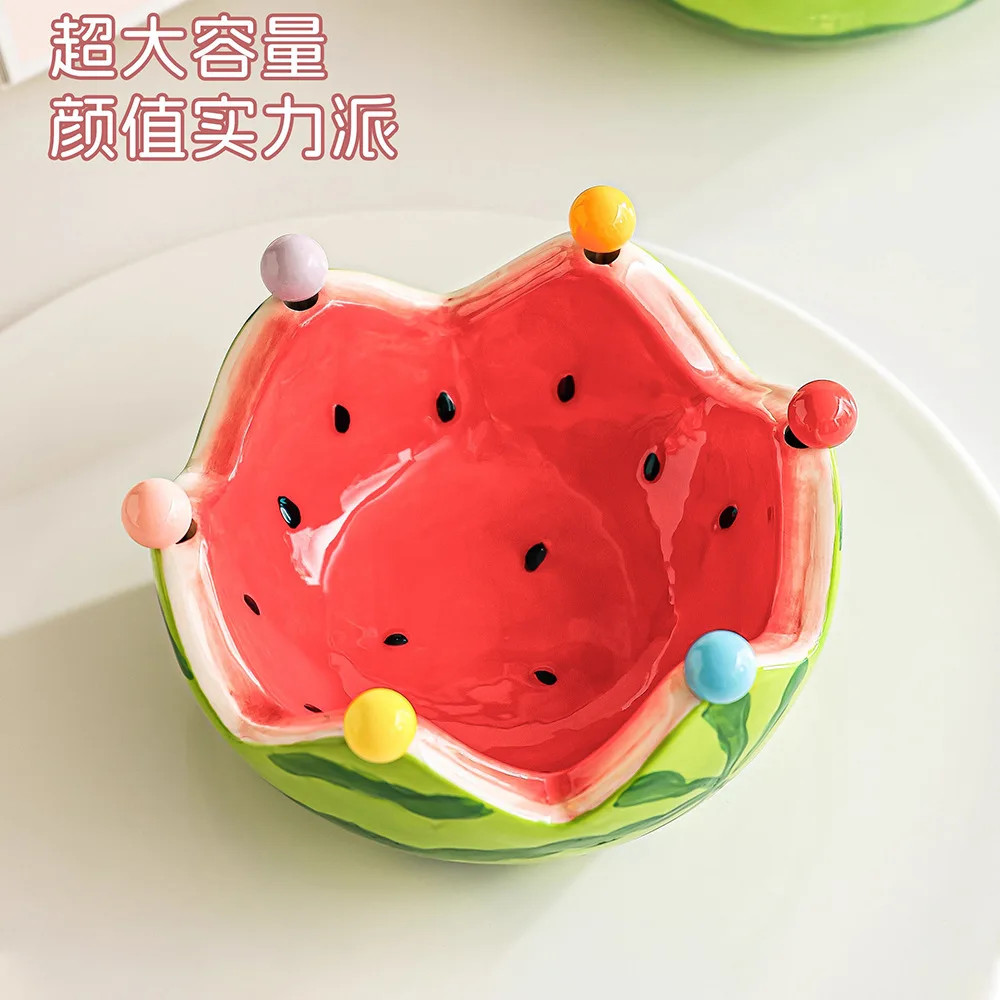 Picture 3: Ceramic Tableware Watermelon-shaped Bowl Fruit Fork Dish Creative Cute Stainless Steel Small Fork Home Living Room Fruit Bowl