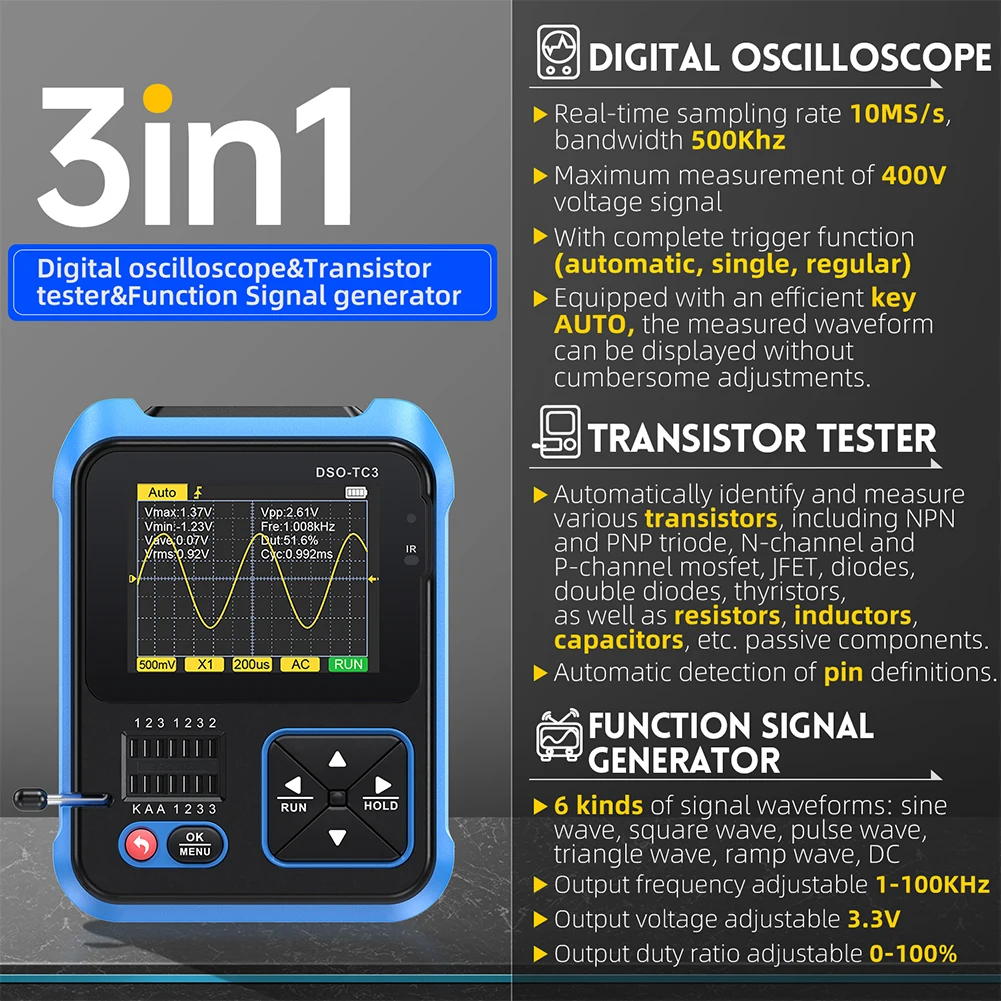 For FNIRSI DSO-TC3 Mini Handheld Digital Oscilloscope Transistor Tester Signal Source 3 In 1 Multi-function Electronic Tester