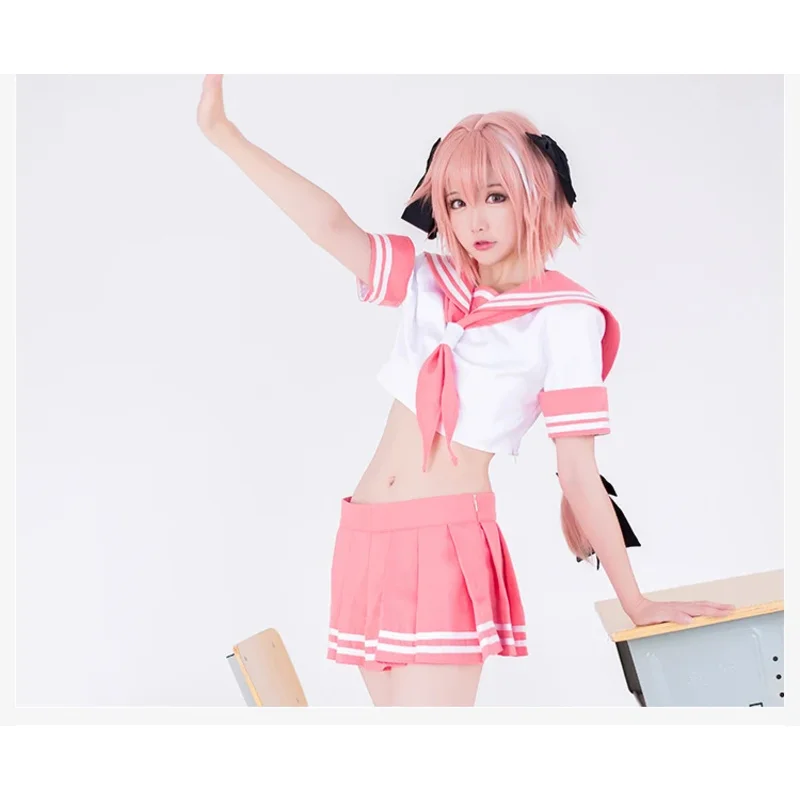 Disfraz de caballero negro Apocrypha Astolfo, uniforme escolar japonés para chica, peluca con lazo, traje de marinero de Halloween, Setc completo; 3,k'