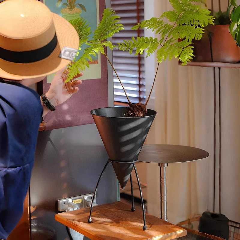 Black Iron Plant Stand, Boho Cone-Shaped Flower Rack & Mobile Side Table, Multi-Functional Rolling Organizer for Living Room