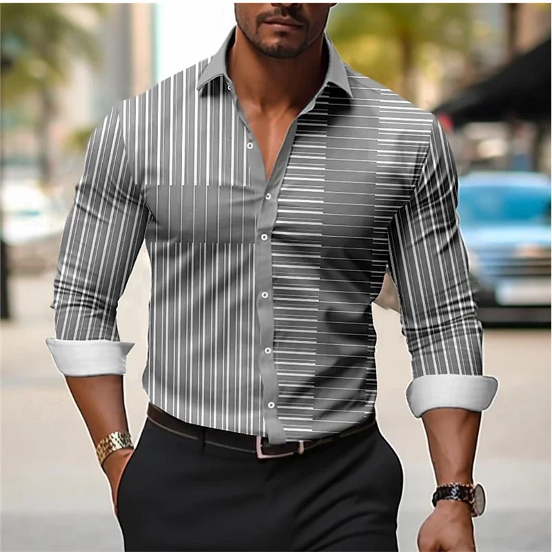 Simple Line Plaid Print Men's Social Shirts Business Casual Lapel Tops Fashion Loose Long-sleeved shirt Autumn Trend y2k Clothes