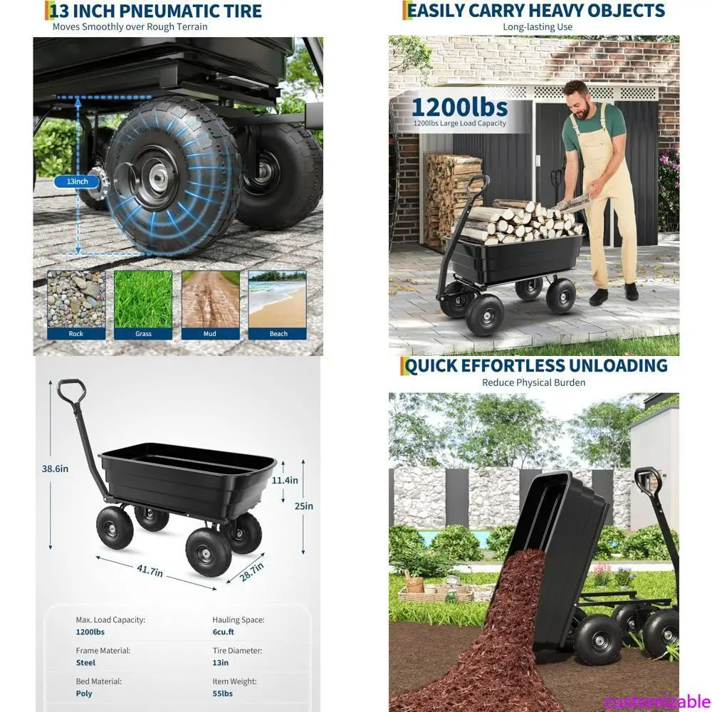 

Heavy-Duty Polyethylene Yard Cart with 13 Puncture-Resistant Tires for Efficient Dumping and Hauling in Landscaping and Home Imp