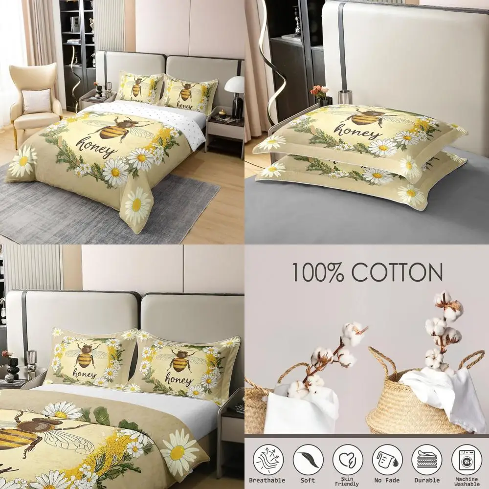 

Queen-Size Cotton Kawaii Bee Bedding Set, Adorable Honeycomb Pattern, Floral and Daisy Comforter Cover for Girls Teens, Breathab