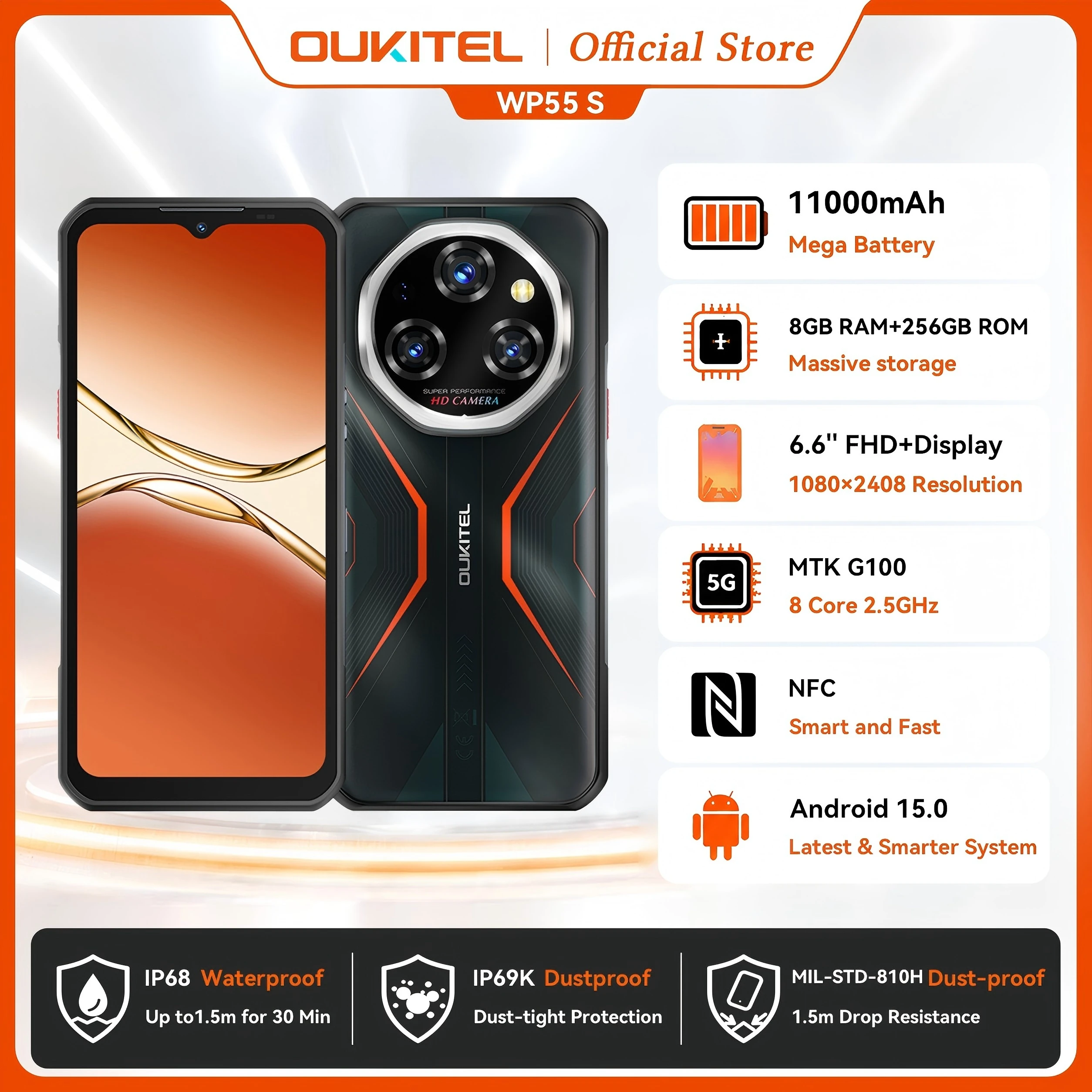 Oukitel WP55 S Rugged Phone 11000mAh Android 15, 6.6'' FHD+ Cellphone 24GB(8+16)+256GB, 64MP Camera NFC Fingerprint Smartphone
