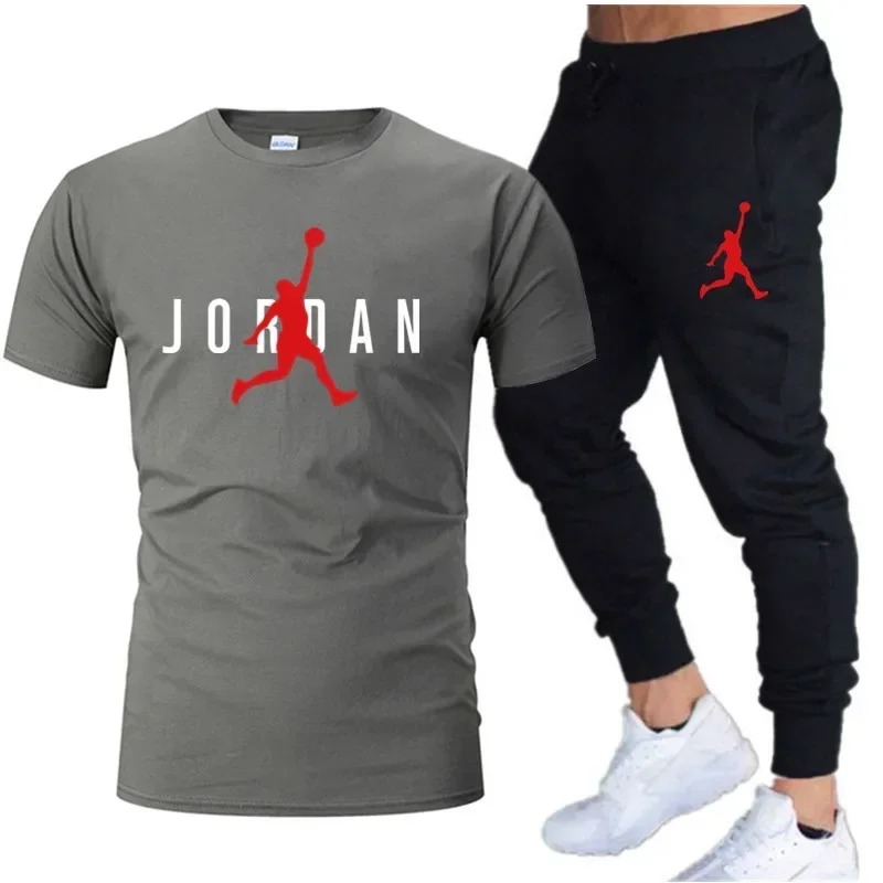 2025 Summer Men's Tracksuit Suit Brand Short Sleeve T-Shirt + Trousers 2-Piece Sets Fitness Jogging Sports Pants Sportswear Suit