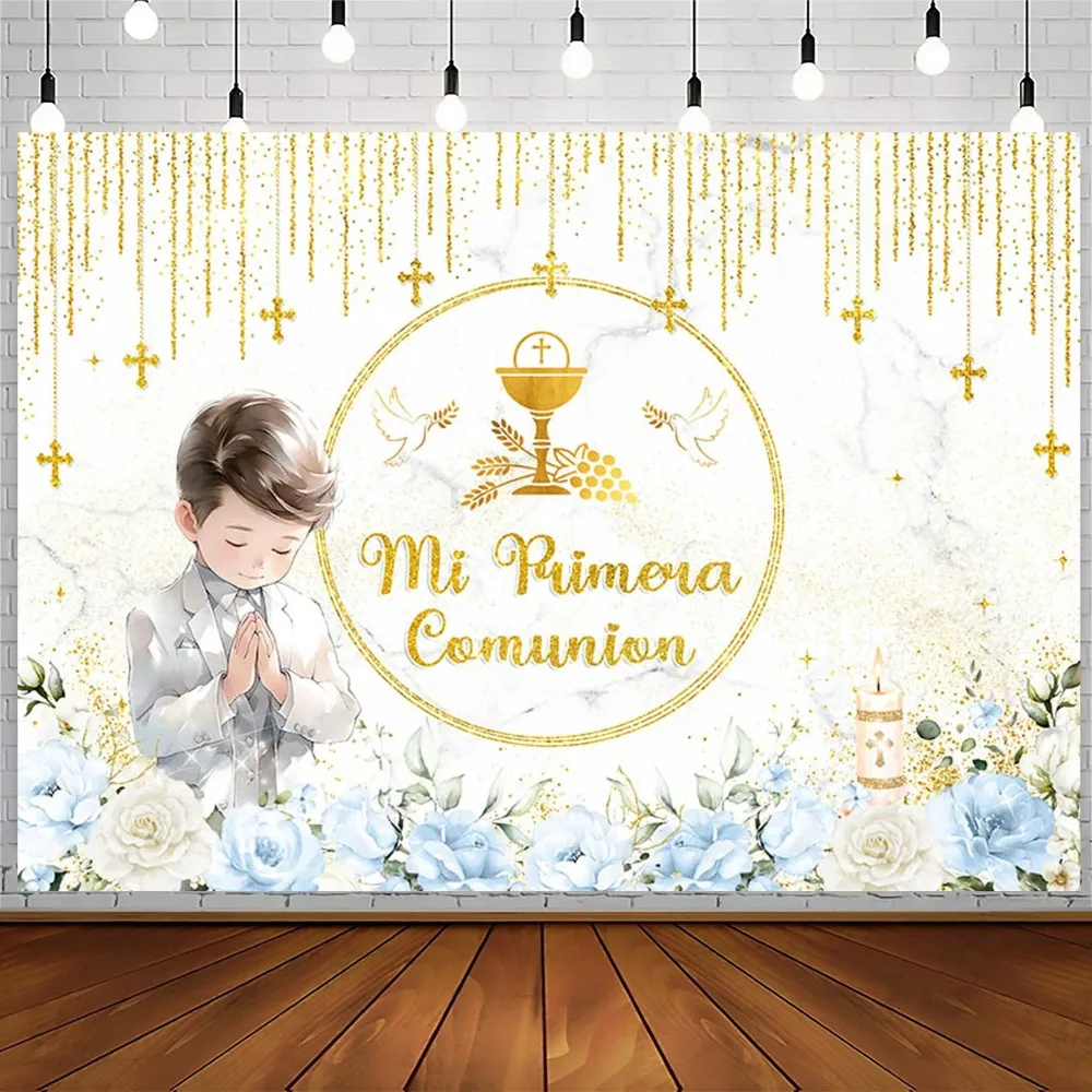 First Holy Communion Backdrop Gold Dots Flowers Cross Boy or Girl My Baptism Party Decor Banner Kids God Bless Photo Background