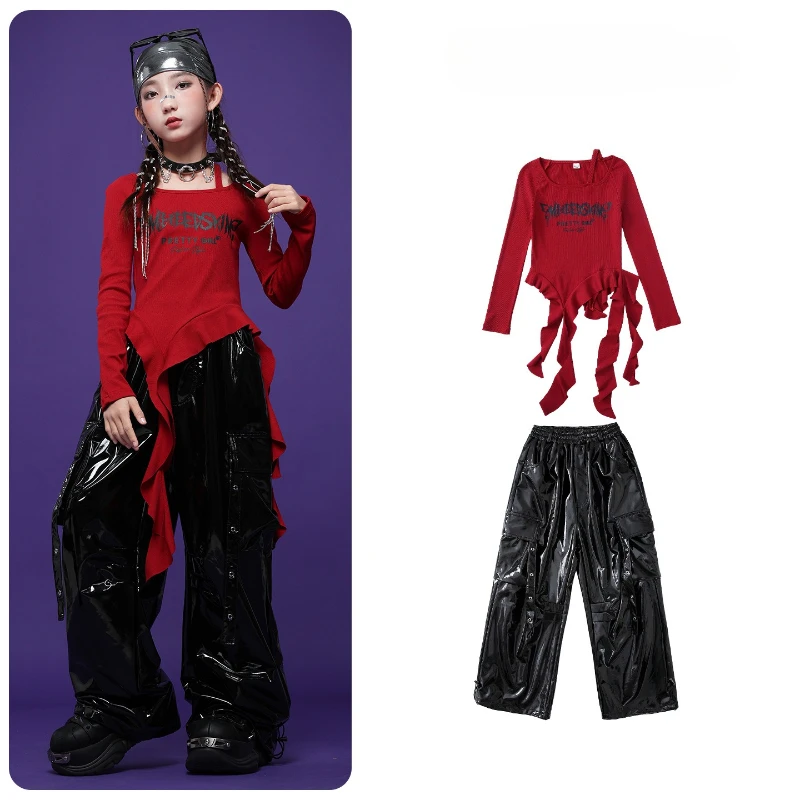 Hip Hop Cool Girls Manica lunga Top Streetwear Pantaloni in pelle brillante K-pop Abbigliamento da ballo di strada Costume da spettacolo teatrale di gruppo