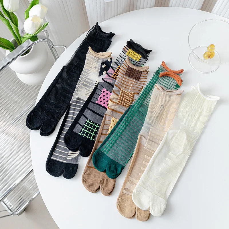 Summer Ultra-Thin Crystal Silk Sheer Frilly Tabi Socks Japanese Women Toe Socks Literary Personality Female Toe Socks