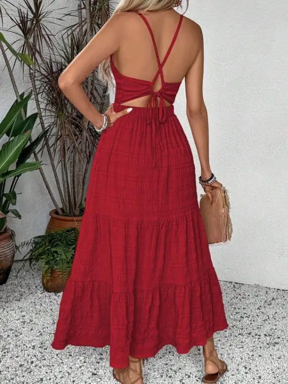 

Retro Red High Waist Backless Hanging Neck Long Summer Gown for Women 2026 Style Elegant Casual Dress